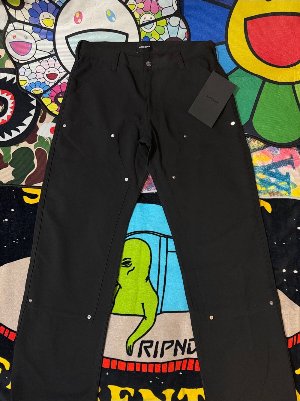 Black Scale Wide-Leg Metal Rivet Workwear Pants